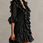 Black Ruffled Chiffon Lace Mini Dress
