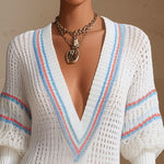 White Knit V-Neck Mini Dress With Multicolor Stripes