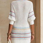White Knit V-Neck Mini Dress With Multicolor Stripes