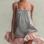 Gray Striped Cotton Ruffle Mini Dress