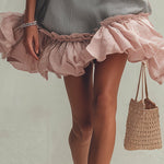 Gray Striped Cotton Ruffle Mini Dress