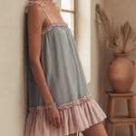 Gray Striped Cotton Ruffle Mini Dress