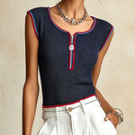 Navy Ribbed Knit Tank Top With Zip Neck And Contrast Trim
