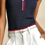 Navy Ribbed Knit Tank Top With Zip Neck And Contrast Trim