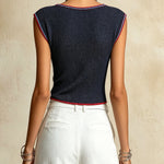 Navy Ribbed Knit Tank Top With Zip Neck And Contrast Trim