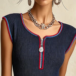Navy Ribbed Knit Tank Top With Zip Neck And Contrast Trim