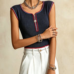 Navy Ribbed Knit Tank Top With Zip Neck And Contrast Trim