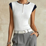 White Ribbed Knit Tank Top With Zip Neck And Navy Trim