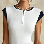 White Ribbed Knit Tank Top With Zip Neck And Navy Trim