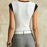 White Ribbed Knit Tank Top With Zip Neck And Navy Trim