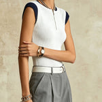 White Ribbed Knit Tank Top With Zip Neck And Navy Trim