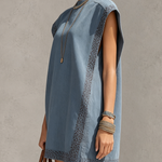 Dusty Blue Hollow-Out Lace Trim Mini Dress