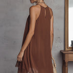 Brown Chiffon Sleeveless Lace Trim Mini Dress