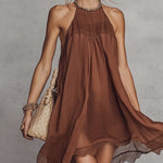 Brown Chiffon Sleeveless Lace Trim Mini Dress