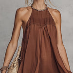 Brown Chiffon Sleeveless Lace Trim Mini Dress