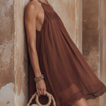 Brown Chiffon Sleeveless Lace Trim Mini Dress
