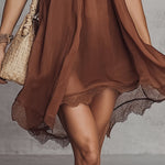 Brown Chiffon Sleeveless Lace Trim Mini Dress