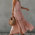 Pink Linen Blend Sleeveless Pleated Maxi Dress