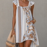 White Striped Floral Mini Dress With Ruffle Sleeves