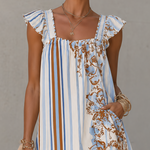 White Striped Floral Mini Dress With Ruffle Sleeves