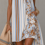 White Striped Floral Mini Dress With Ruffle Sleeves
