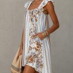 White Striped Floral Mini Dress With Ruffle Sleeves