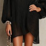 Black Pleated Cold-Shoulder Mini Dress With Red Trim