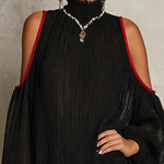 Black Pleated Cold-Shoulder Mini Dress With Red Trim