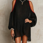 Black Pleated Cold-Shoulder Mini Dress With Red Trim