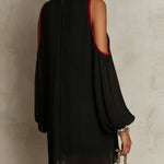Black Pleated Cold-Shoulder Mini Dress With Red Trim