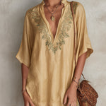 Beige Embroidered V-Neck Mini Dress With Fringe Hem