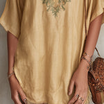 Beige Embroidered V-Neck Mini Dress With Fringe Hem