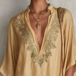 Beige Embroidered V-Neck Mini Dress With Fringe Hem