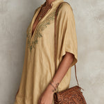 Beige Embroidered V-Neck Mini Dress With Fringe Hem