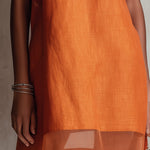 Orange Linen Mini Dress With Floral Embroidery And Spaghetti Straps