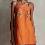 Orange Linen Mini Dress With Floral Embroidery And Spaghetti Straps