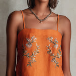 Orange Linen Mini Dress With Floral Embroidery And Spaghetti Straps