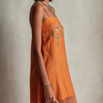 Orange Linen Mini Dress With Floral Embroidery And Spaghetti Straps