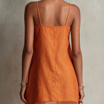 Orange Linen Mini Dress With Floral Embroidery And Spaghetti Straps