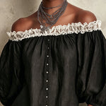 Black Off-Shoulder Mini Dress With Puff Sleeves And Ruffled Trim
