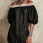 Black Off-Shoulder Mini Dress With Puff Sleeves And Ruffled Trim