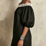 Black Off-Shoulder Mini Dress With Puff Sleeves And Ruffled Trim