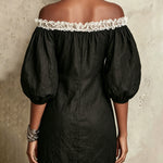 Black Off-Shoulder Mini Dress With Puff Sleeves And Ruffled Trim