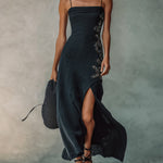 Black Sequin Embroidered Side Slit Maxi Dress