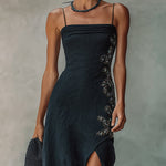 Black Sequin Embroidered Side Slit Maxi Dress