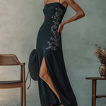 Black Sequin Embroidered Side Slit Maxi Dress