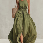 Green Sleeveless Cotton Blend Button Down Maxi Dress