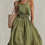Green Sleeveless Cotton Blend Button Down Maxi Dress