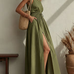 Green Sleeveless Cotton Blend Button Down Maxi Dress