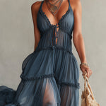 Blue Chiffon Tie Strap Maxi Dress